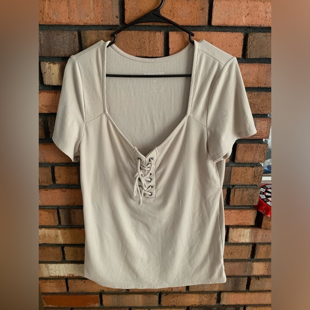 Torrid Super Soft Cream Lace Up Fitted Blouse